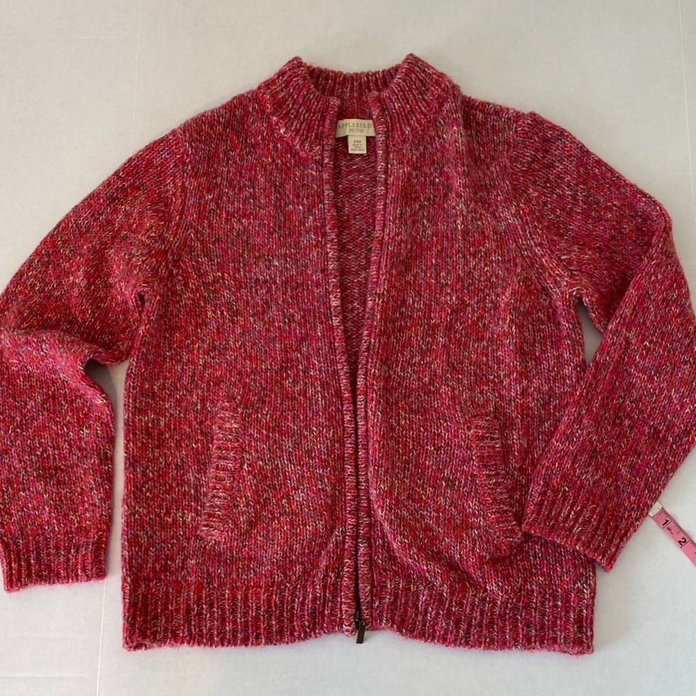 Appleseed's Women's Red Pink Knit Cardigan Sweater Full Zip Pockets Wool Blend
